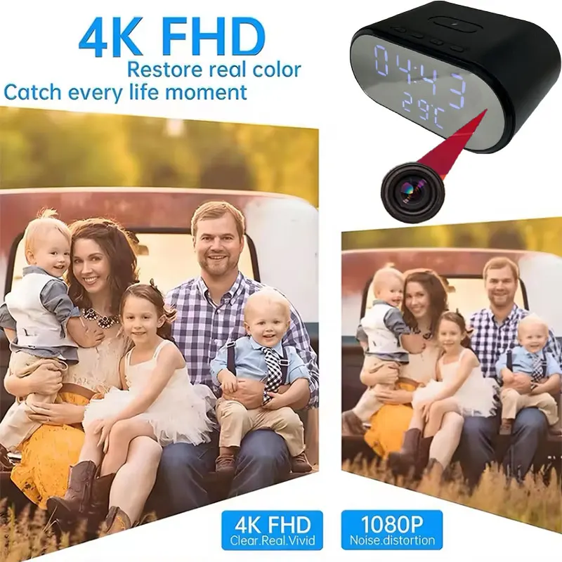 4K UHD WiFi6 Alarm Clock Camera with Wireless Charger Mini AI Human Detection Temperature Display Camcorders With 32GB SD Card