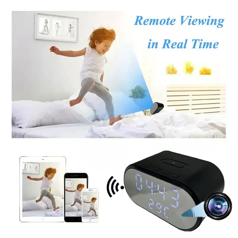 4K UHD WiFi6 Alarm Clock Camera with Wireless Charger Mini AI Human Detection Temperature Display Camcorders With 32GB SD Card