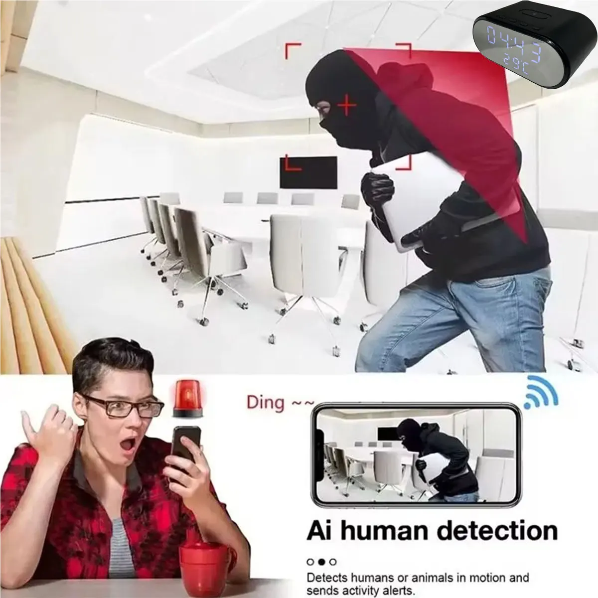 4K UHD WiFi6 Alarm Clock Camera with Wireless Charger Mini AI Human Detection Temperature Display Camcorders With 32GB SD Card