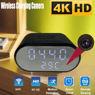 4K UHD WiFi6 Alarm Clock Camera with Wireless Charger Mini AI Human Detection Temperature Display Camcorders With 32GB SD Card