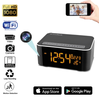 1080P  UHD WiFi Hidden camera disguised as a desk clock with a speaker