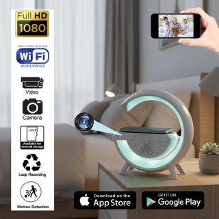 1080P  UHD WiFi A hidden camera disguised as a Bluetooth speaker with a stylish design and built-in lighting.