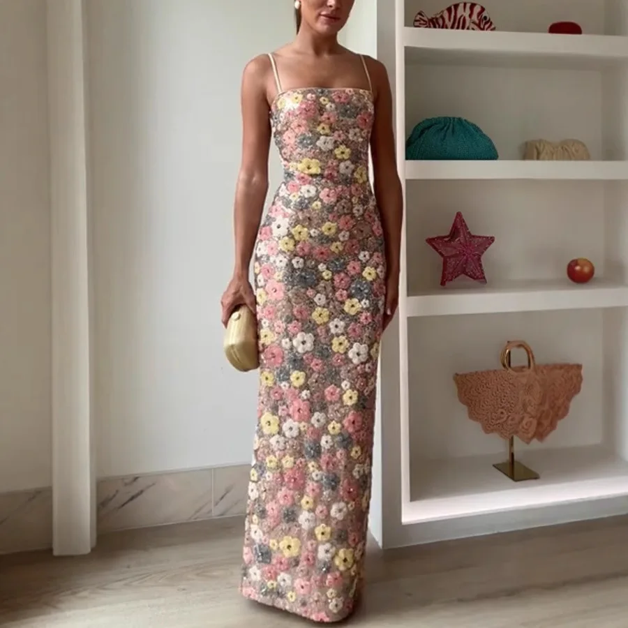 Summ Women Flowers Sequin Patchwork Slim Party Long Dress Strapless Fashion Maxi Dress, Sexy Sleeveless Ladies Dress Vestidos