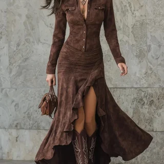 Lapel Long Sleeve Suede Party Dress Elegant Split Solid Slim Single-breasted Long Dress Women Fashion Pocket Ruffles Maxi Dress